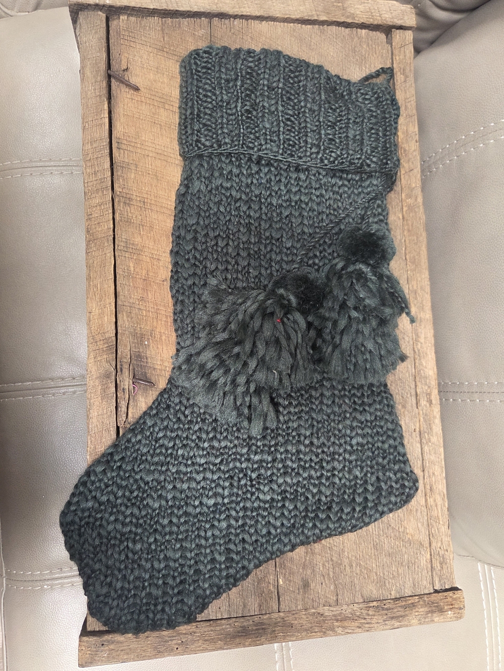 Place & Time Chunky Dark Green Knit Christmas Stocking w/ Pompoms ~ Bin 1D